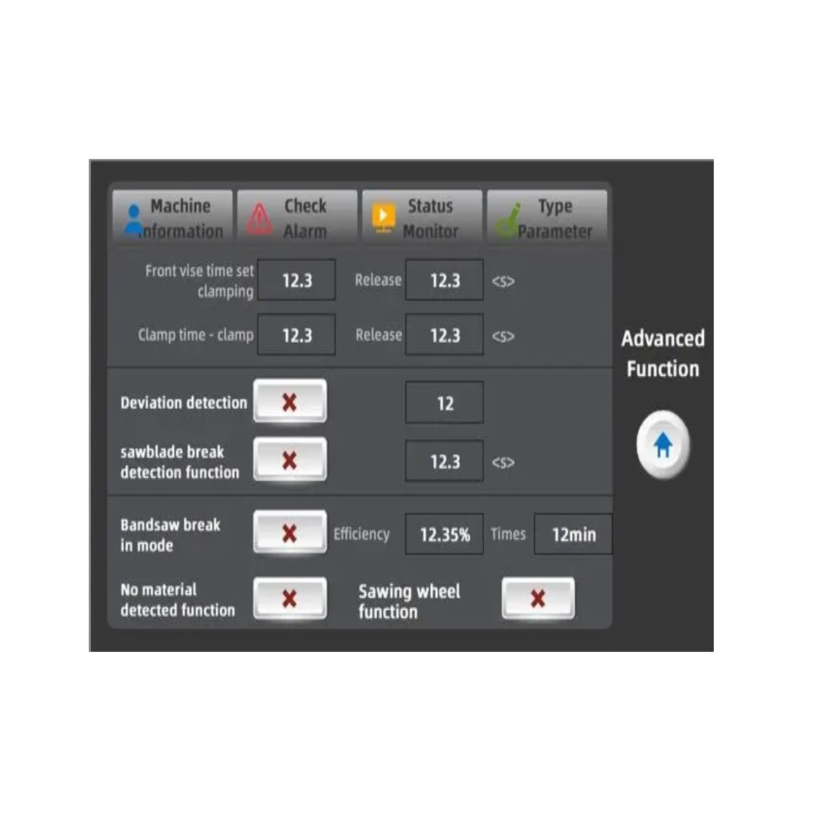 Touchscreen-Menü mit Maschineninformationen, Alarmprüfung, Statusanzeige und erweiterten Funktionen.