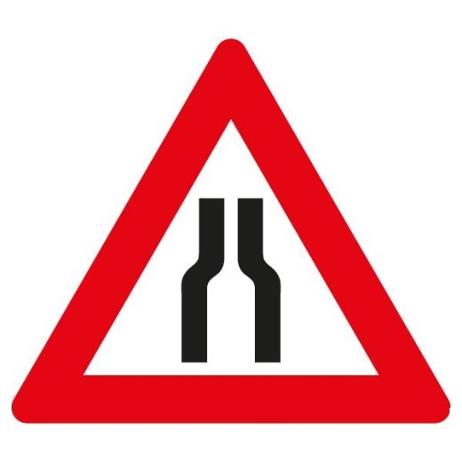 Verkehrsschild mit rotem Dreieck und schwarzem Symbol für Fahrbahnverengung beidseitig.