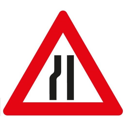 Verkehrsschild mit rotem Dreieck und schwarzem Symbol für Fahrbahnverengung links.