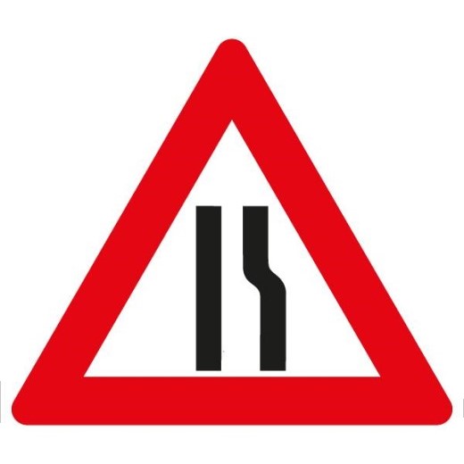 Verkehrsschild mit rotem Dreieck und schwarzem Symbol für Fahrbahnverengung rechts.