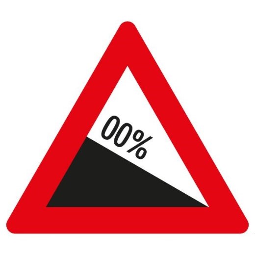 Verkehrsschild mit rotem Dreieck und schwarzem Symbol für gefährliches Gefälle mit Prozentangabe.