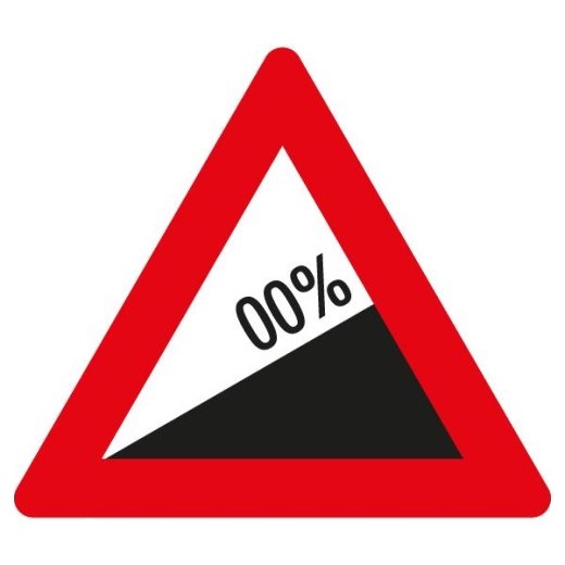 Verkehrsschild mit rotem Dreieck und schwarzem Symbol für starke Steigung mit Prozentangabe.