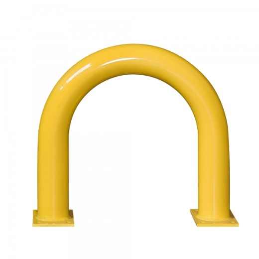 Stahl-Schutzbügel in U-Form, gelb pulverbeschichtet – ideal für den Innenbereich. Robuste Bauweise mit verschweißten Bodenplatten für sichere Bodenbefestigung.