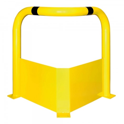 Eck-Rammschutzbügel aus robustem Stahl – gelb pulverbeschichtet mit schwarzen Warnmarkierungen. Ideal für den Schutz sensibler Bereiche in Innenräumen.
