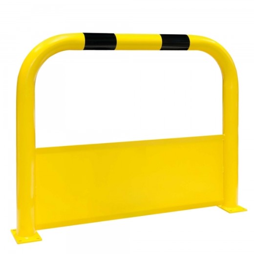 Robuster Rammschutzbügel mit integriertem Prallschutzblech – ideal zur Absicherung von Maschinen, Regalen und Verkehrswegen in Industrie und Logistik.