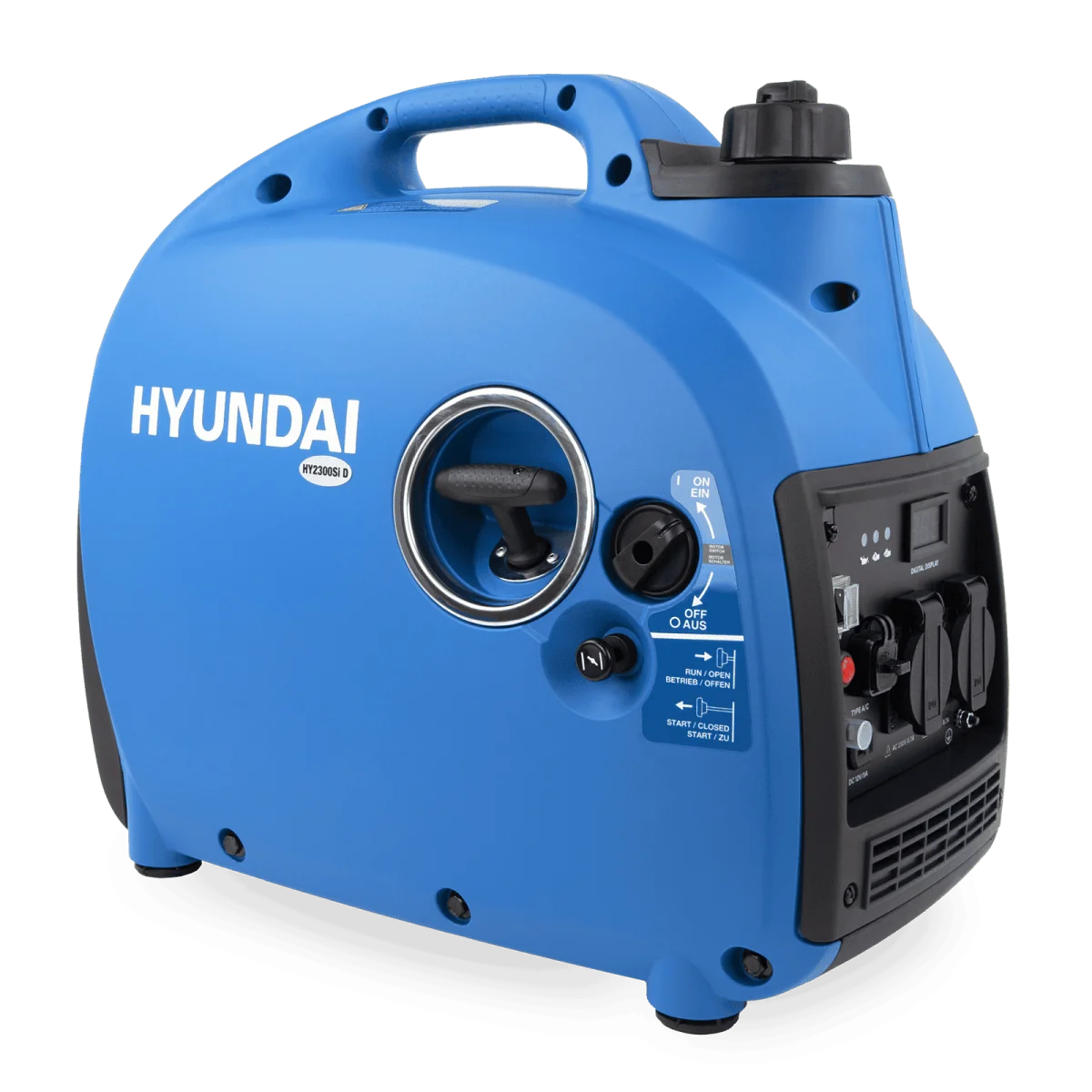 Hyundai Inverter Stromerzeuger HY2300SI D Schrägansicht des blauen Hyundai HY2300Si D mit Tragegriff, Tankdeckel, Seilzugstarter, Motorschalter und Bedienfeld.