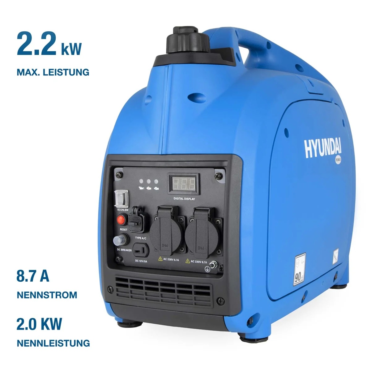 Hyundai Inverter Stromerzeuger HY2300SI D Hyundai Inverter-Generator mit Angaben zu 2,2 kW Maximalleistung, 2,0 kW Nennleistung und 8,7 A Nennstrom.