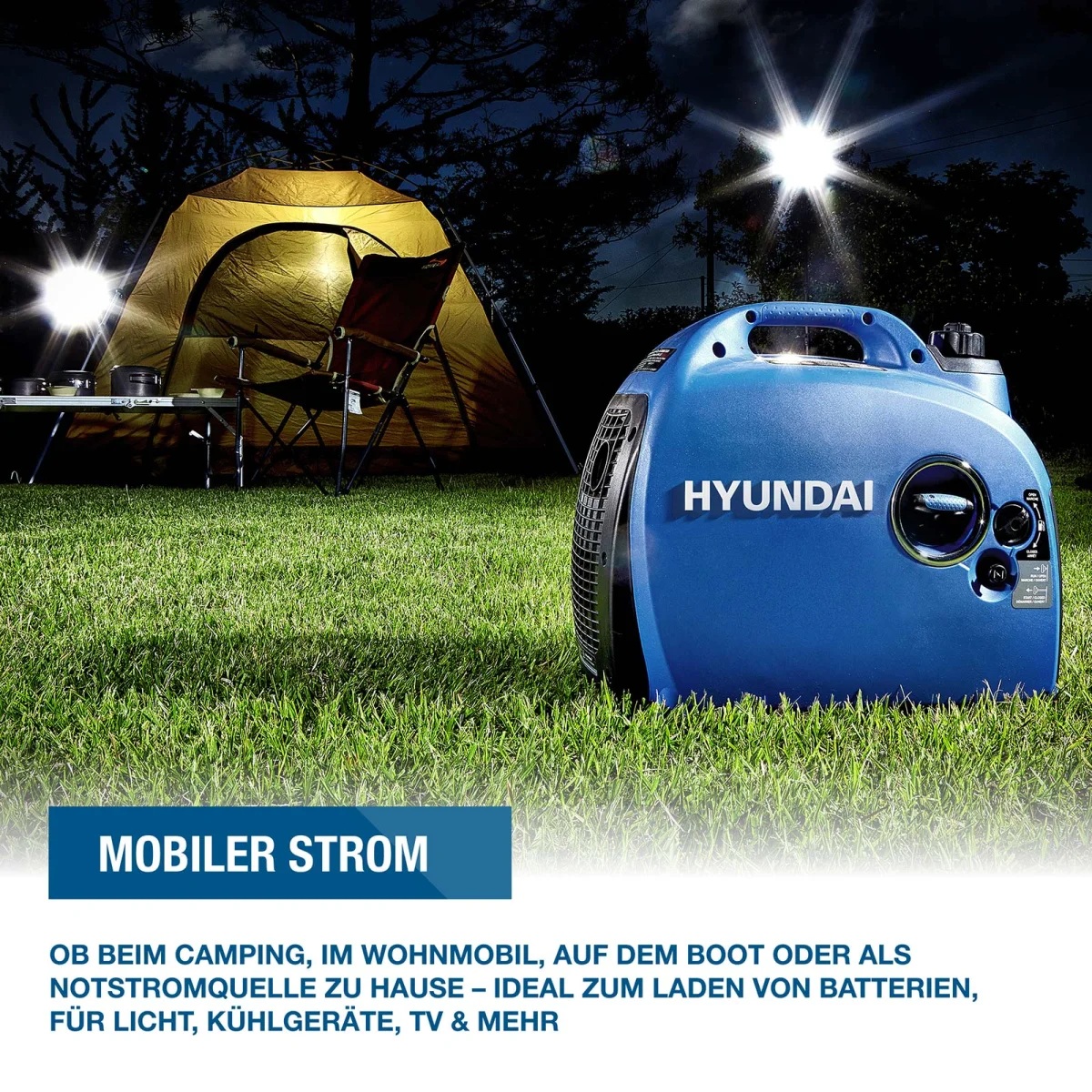 Hyundai Inverter Stromerzeuger HY2300SI D Hyundai Inverter-Generator neben beleuchtetem Campingzelt als Beispiel für mobile Stromversorgung beim Camping.