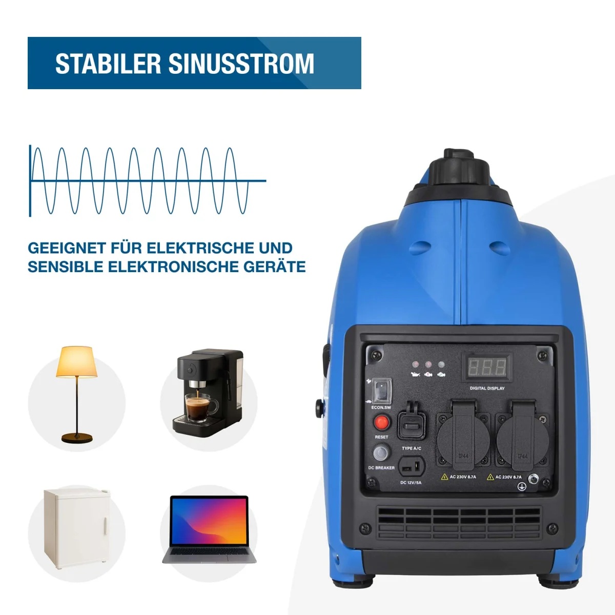 Hyundai Inverter Stromerzeuger HY2300SI D Generator mit Sinuskurve sowie Symbolen für Lampe, Kaffeemaschine, Kühlschrank und Laptop als mögliche Verbraucher.