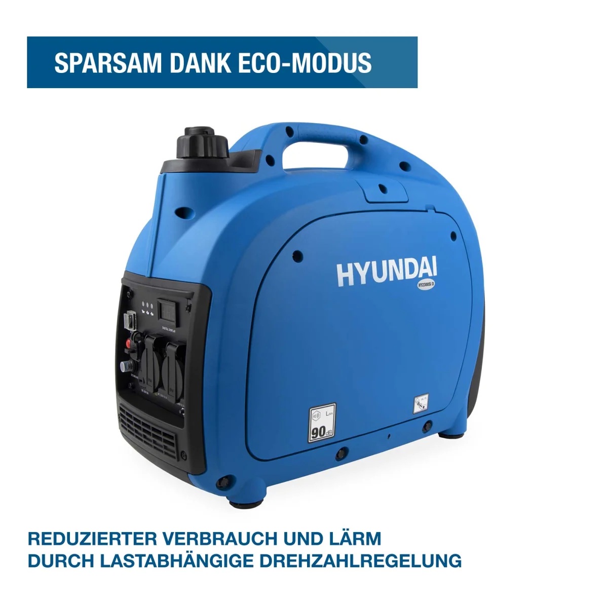 Hyundai Inverter Stromerzeuger HY2300SI D Hyundai Inverter-Generator mit Eco-Modus zur lastabhängigen Drehzahlregelung sowie Hinweis auf reduzierten Verbrauch und Lärm.