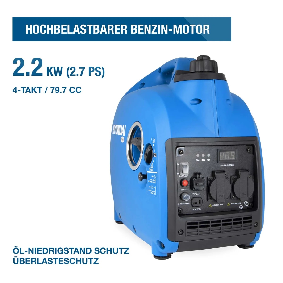 Hyundai Inverter Stromerzeuger HY2300SI D Hyundai Inverter-Generator mit 2,2-kW-Benzinmotor, 79,7 cm³ Hubraum, Öl-Niedrigstandschutz und Überlastschutz.