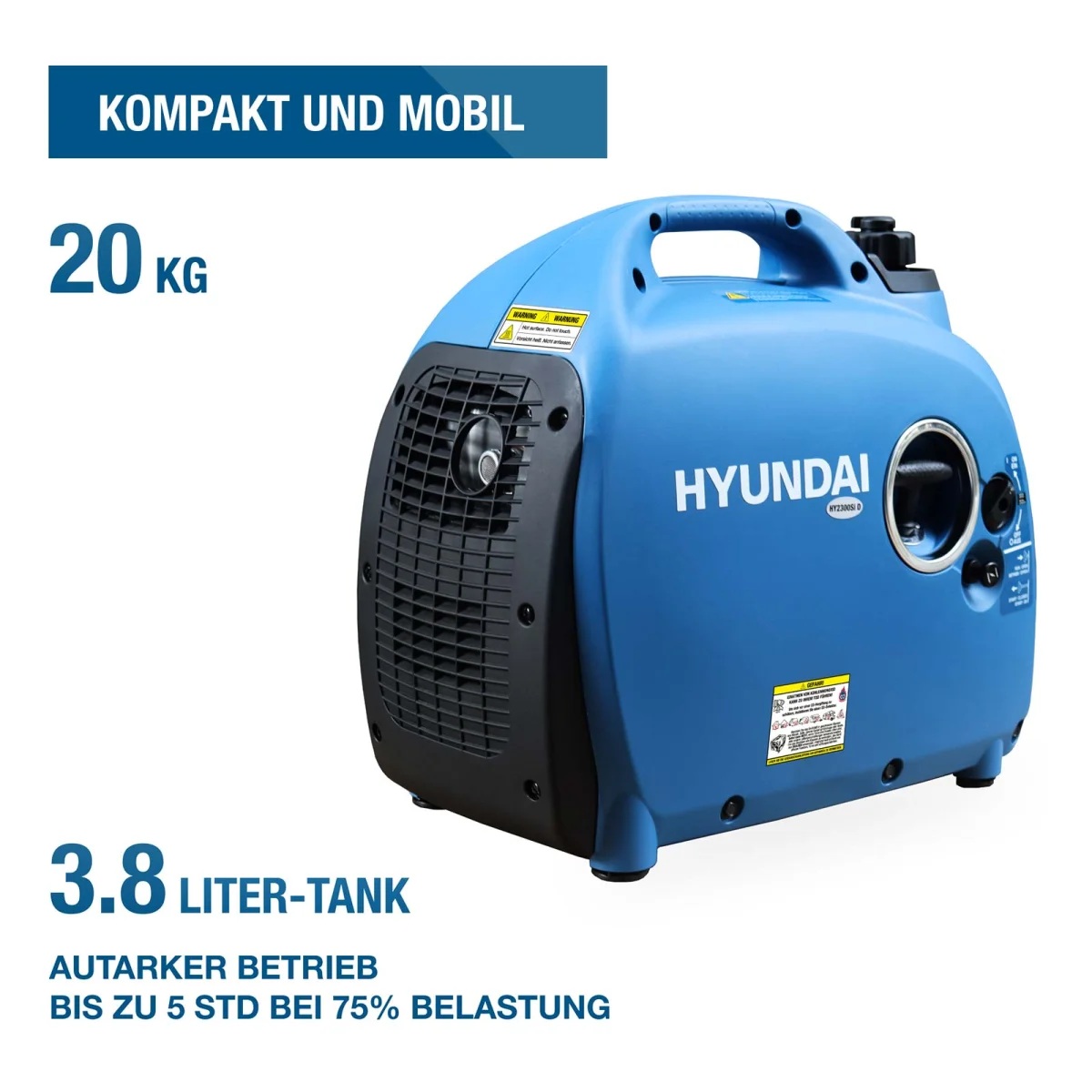 Hyundai Inverter Stromerzeuger HY2300SI D Hyundai Inverter-Generator mit Tragegriff; angegeben sind 20 kg Gewicht, 3,8-Liter-Tank und bis zu 5 Stunden Laufzeit bei 75 % Last.
