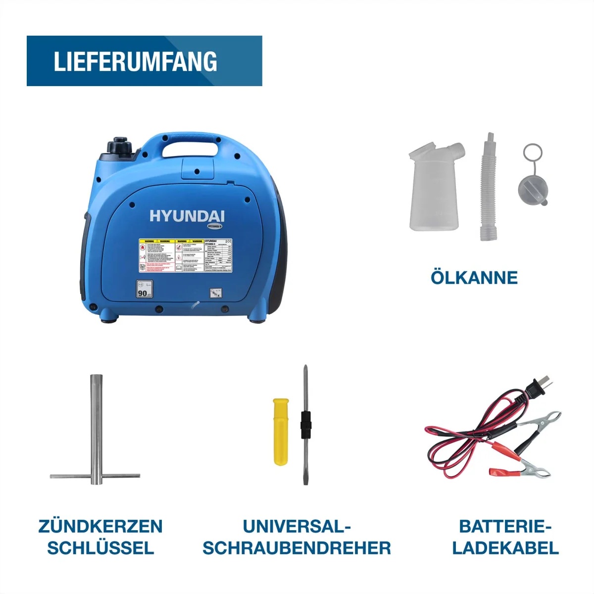 Hyundai Inverter Stromerzeuger HY2300SI D Lieferumfang mit Hyundai Inverter-Generator, Ölkanne, Zündkerzenschlüssel, Universalschraubendreher und Batterieladekabel.