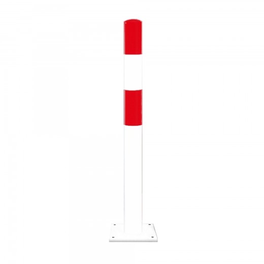 Extrem robuster Rammschutz-Poller aus weiß-roten kunststoffbeschichtetem Gütestahl zum Schutz vor Anfahrschäden in Verkehrs- und Arbeitsbereichen.
