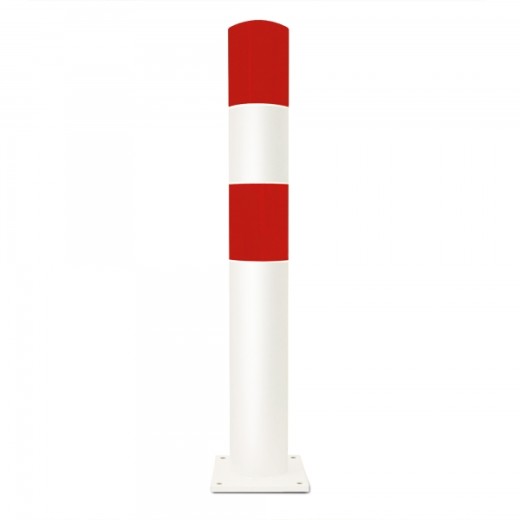 Weißer Rammschutz-Poller mit zwei roten Streifen, abgerundetem Kopf und quadratischer Bodenplatte mit vier Befestigungslöchern.