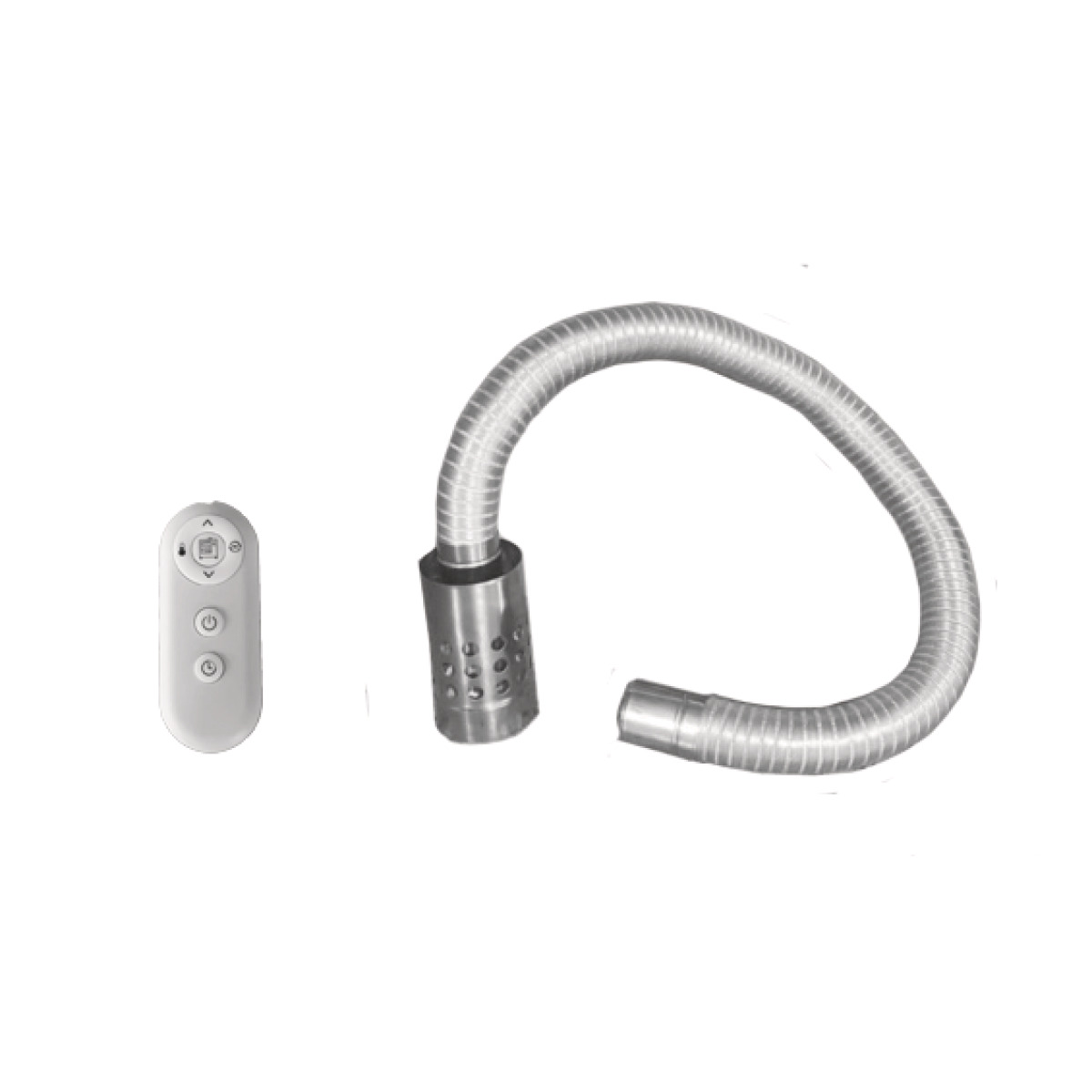 Zubehör mit weißer Fernbedienung und flexiblem Metallschlauch mit zylindrischem Anschlussstück.