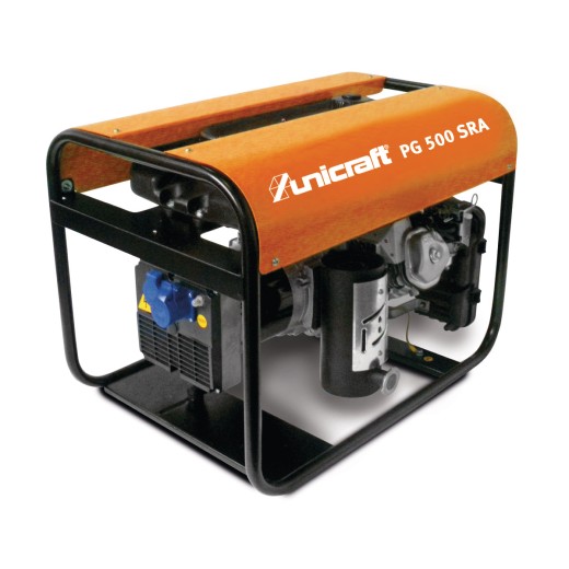 Unicraft PG 500 SRA Stromgenerator schräg von vorn, mit orangefarbenem Schutzrahmen und sichtbarem Motorblock.