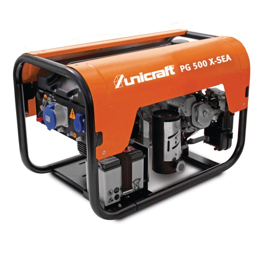 Unicraft PG 500 X-SEA Stromgenerator mit orangefarbenem Schutzrahmen, sichtbarer Batterie und Steckdosenfeld an der Front.