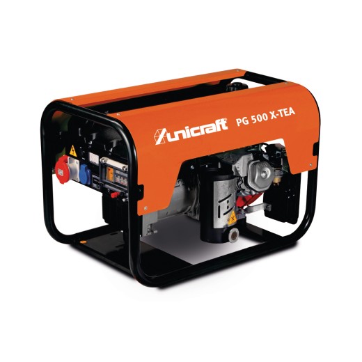 Unicraft PG 500 X-TEA Stromgenerator mit orangem Gehäuse und schwarzem Rahmen, seitliche Steckdosen und Bedienelemente sichtbar.
