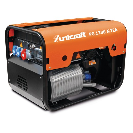 Unicraft PG 1200 TEA HC Stromgenerator mit orangefarbener Verkleidung, schwarzem Rahmen und seitlich sichtbarem Motor sowie Steckdosen. (Symbolfoto)