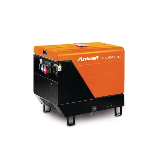 Geschlossener Dieselgenerator in Schwarz und Orange mit Unicraft-Logo und Modellbezeichnung, auf stabilen Standfüßen und mit Steuerungspanel vorne.