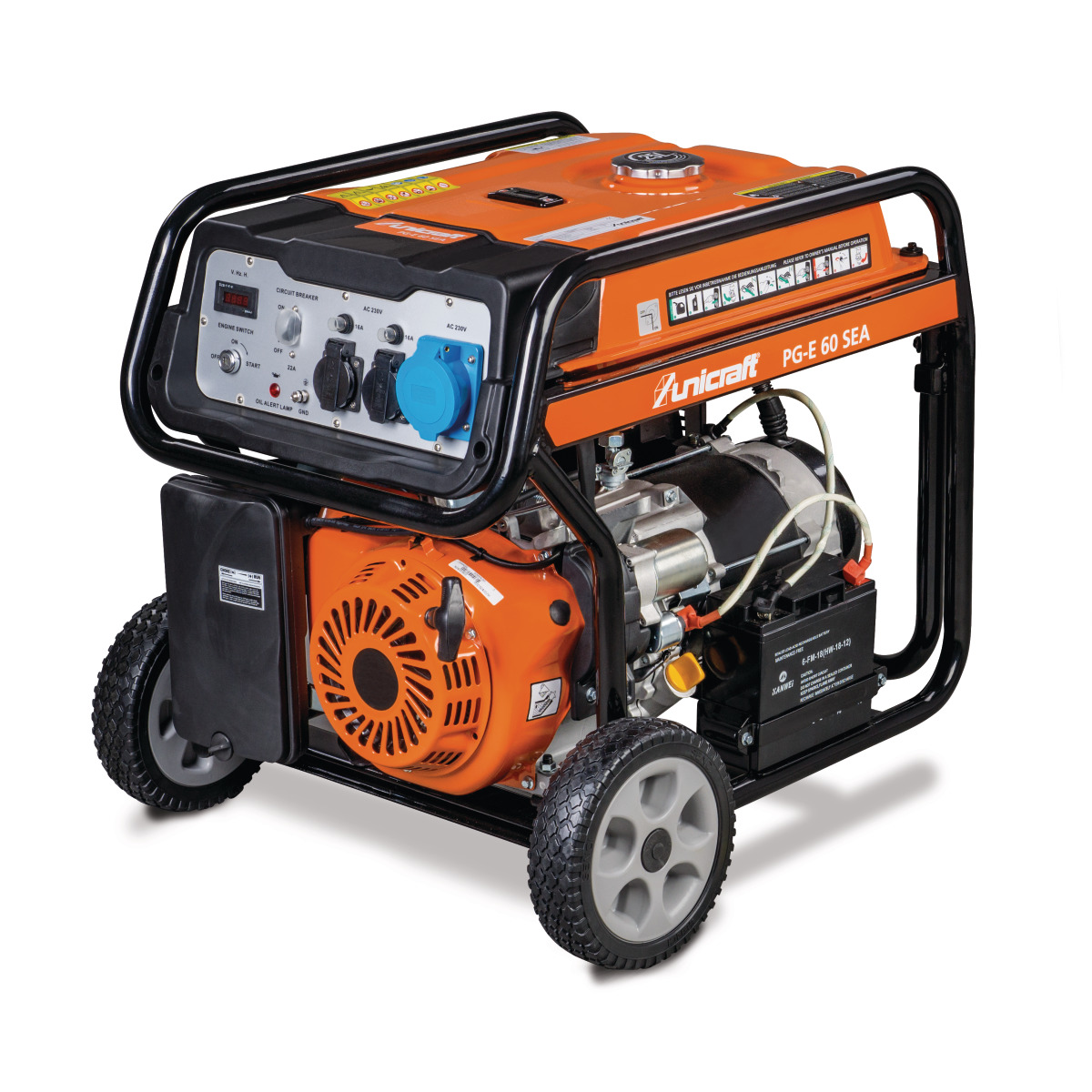 Unicraft Generator PG-E 60 SEA schräg von vorne mit Rollen und Motor.