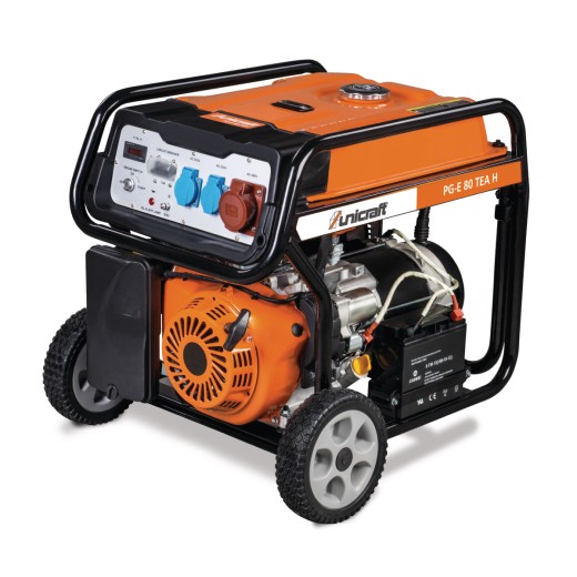 Schrägansicht eines Unicraft-Generators PG-E 80 TEA H mit Steuerfeld und Motor auf Rädern.