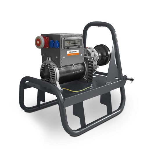 Unicraft PTO-Generator im stabilen Rahmen mit Zapfwellenanschluss, Steckdosenfeld und Zähler für landwirtschaftliche Stromversorgung.