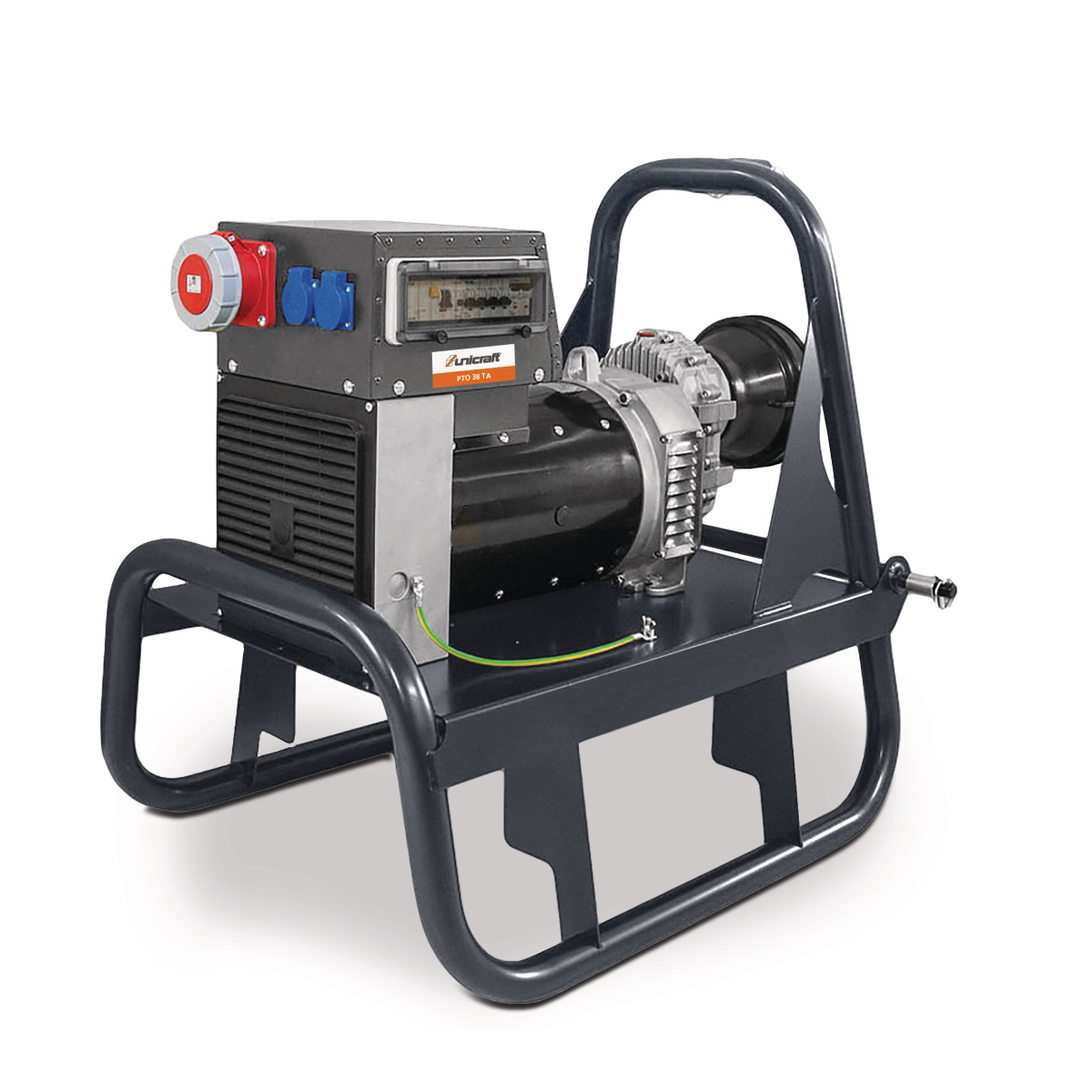 Unicraft PTO-Generator auf robustem Rohrrahmen mit Steckdosenfeld und Zapfwellenanschluss, geeignet für landwirtschaftliche Stromerzeugung.