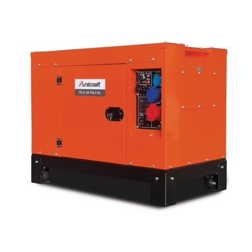 Unicraft-Generator in Orange-Schwarz auf Rollen, rechte Seite mit großem Lüftungsgitter und verschraubter Klappe für Wartungszugang.