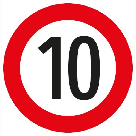 Rundes Verkehrsschild mit rotem Rand und schwarzer Zahl 10 auf weißem Grund – zeigt eine Höchstgeschwindigkeit von 10 km/h an.