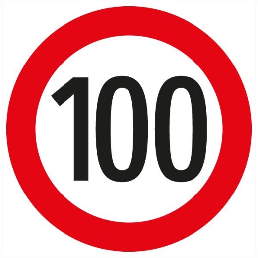 Rundes Verkehrsschild mit rotem Rand und schwarzer Zahl 100 auf weißem Grund – zeigt eine Höchstgeschwindigkeit von 100 km/h an.