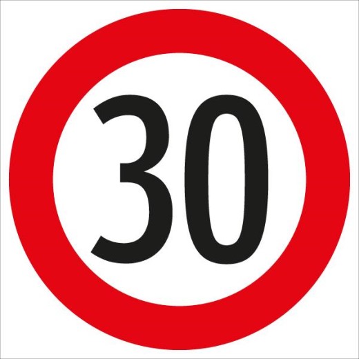Rundes Verkehrsschild mit rotem Rand und schwarzer Zahl 10 auf weißem Grund – zeigt eine Höchstgeschwindigkeit von 30 km/h an.