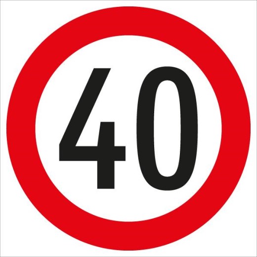Rundes Verkehrsschild mit rotem Rand und schwarzer Zahl 40 auf weißem Grund – zeigt eine Höchstgeschwindigkeit von 40 km/h an.