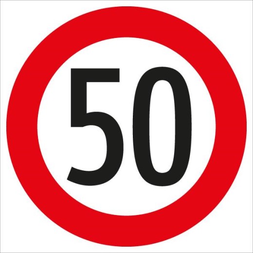 Rundes Verkehrsschild mit rotem Rand und schwarzer Zahl 50 auf weißem Grund – zeigt eine Höchstgeschwindigkeit von 50 km/h an.