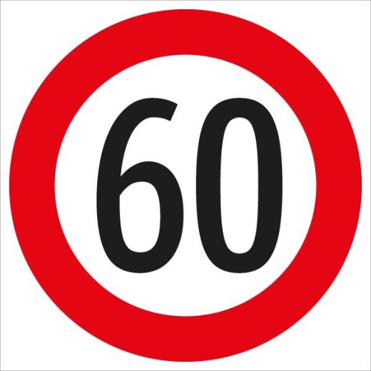 Rundes Verkehrsschild mit rotem Rand und schwarzer Zahl 60 auf weißem Grund – zeigt eine Höchstgeschwindigkeit von 60 km/h an.