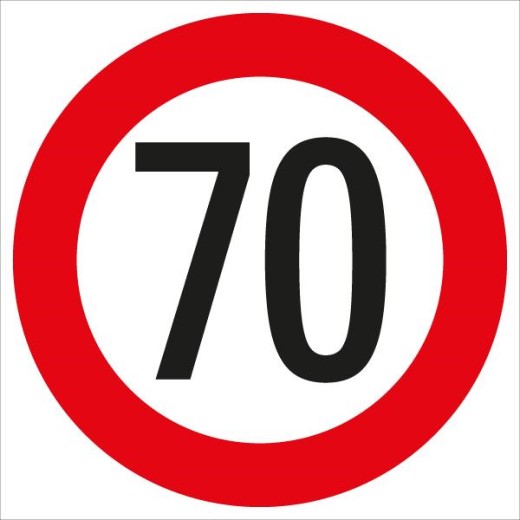 Rundes Verkehrsschild mit rotem Rand und schwarzer Zahl 70 auf weißem Grund – zeigt eine Höchstgeschwindigkeit von 70 km/h an.