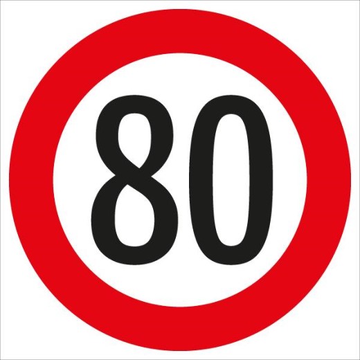Rundes Verkehrsschild mit rotem Rand und schwarzer Zahl 80 auf weißem Grund – zeigt eine Höchstgeschwindigkeit von 80 km/h an.