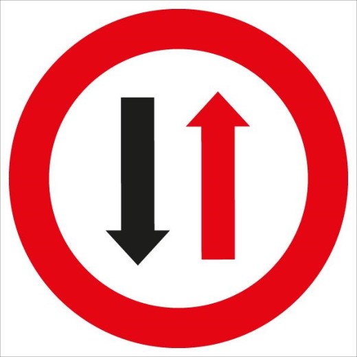 Verkehrszeichen: Weißer Kreis mit rotem Rand & schwarzem Pfeil nach unten und rotem Pfeil nach oben. Bedeutet: Wartepflicht gegenüber Gegenverkehr.