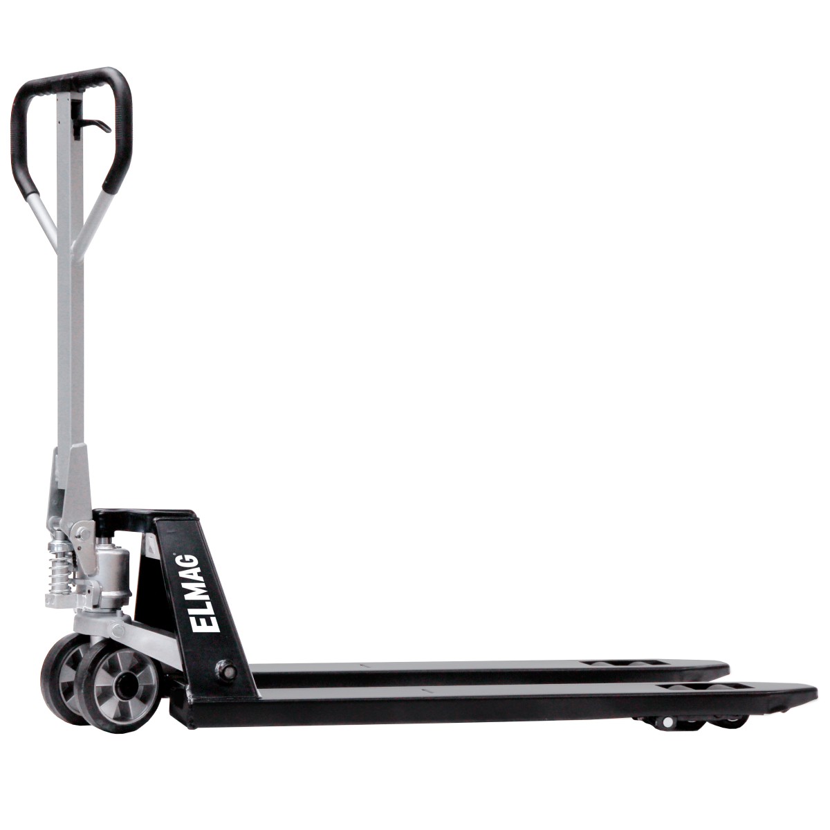 Handhubwagen HW-QL 2500 Seitliche Gesamtansicht eines Handhubwagens von Elmag mit langen Gabeln, Rollen vorne und ergonomischem Griff zum einfachen Ziehen.