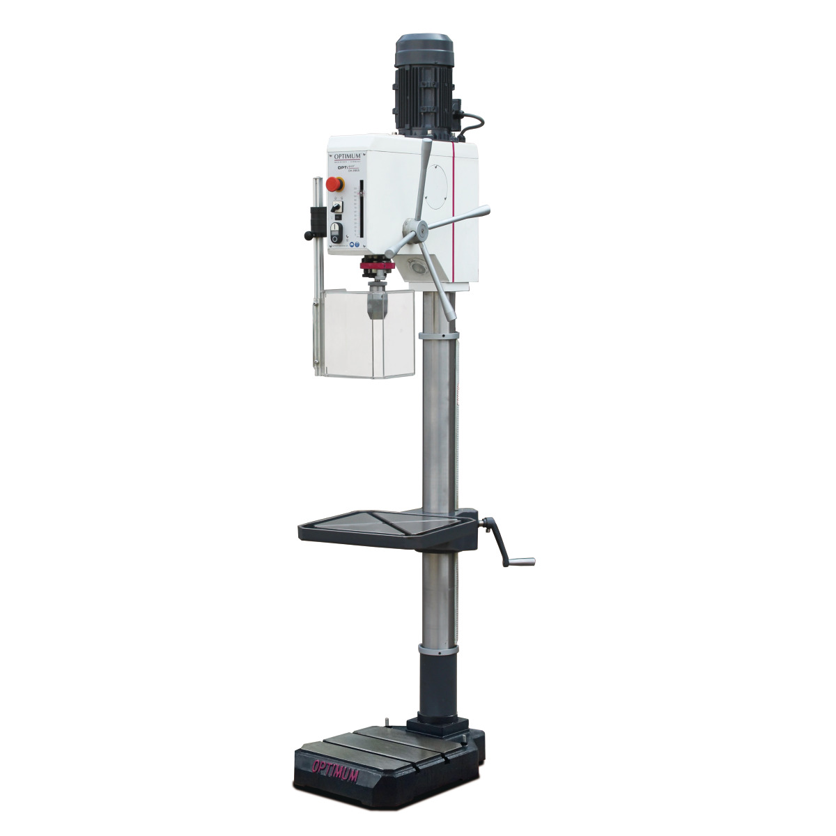 Freistehende Ständerbohrmaschine mit Motor, Handrad, verstellbarem Tisch und stabilem Fuß.