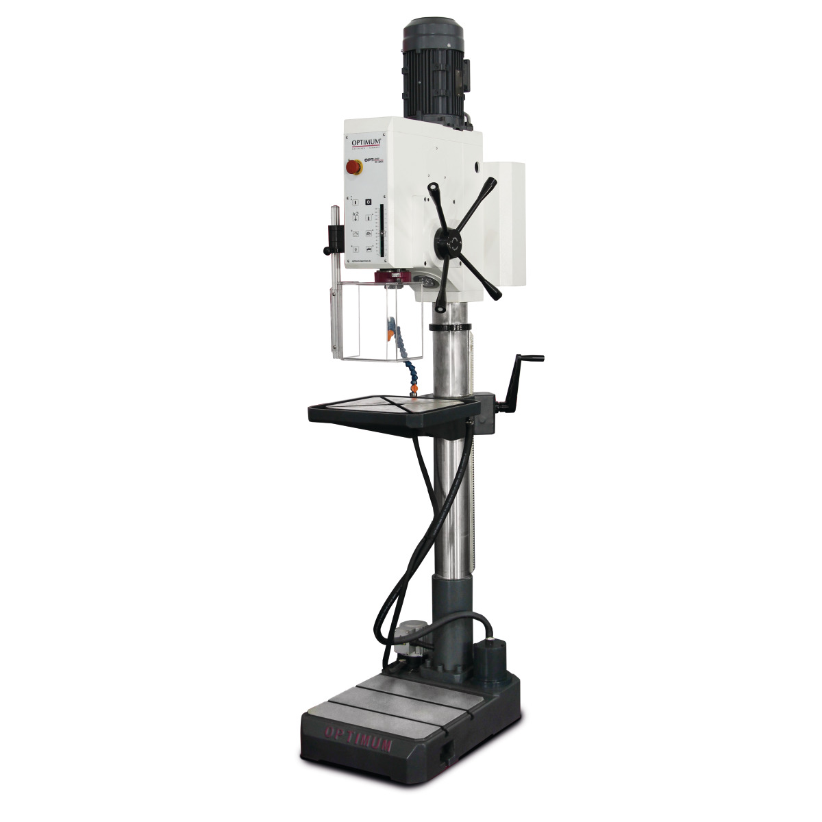 Freistehende Ständerbohrmaschine mit Motor, Bedieneinheit, Schutzhaube und verstellbarem Tisch.