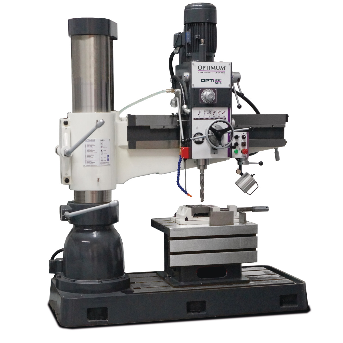 Radialbohrmaschine mit großem Sockel, Bohrtisch und beweglichem Auslegerarm.