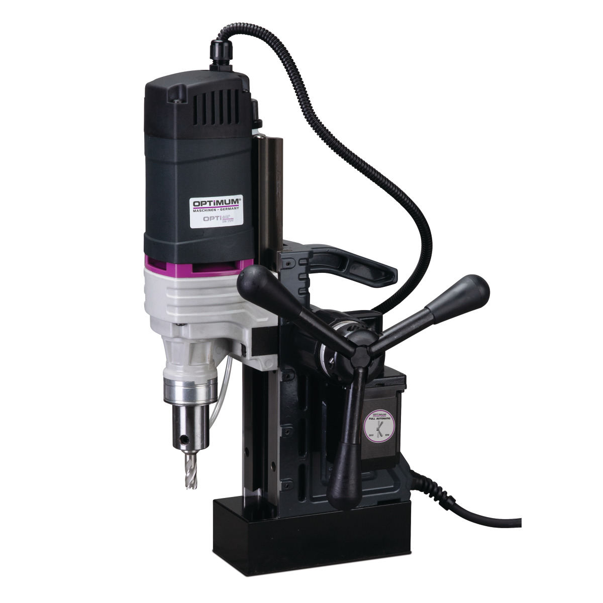 Gesamte Magnetbohrmaschine mit Bohrfutter, Handhebel und Kabel.