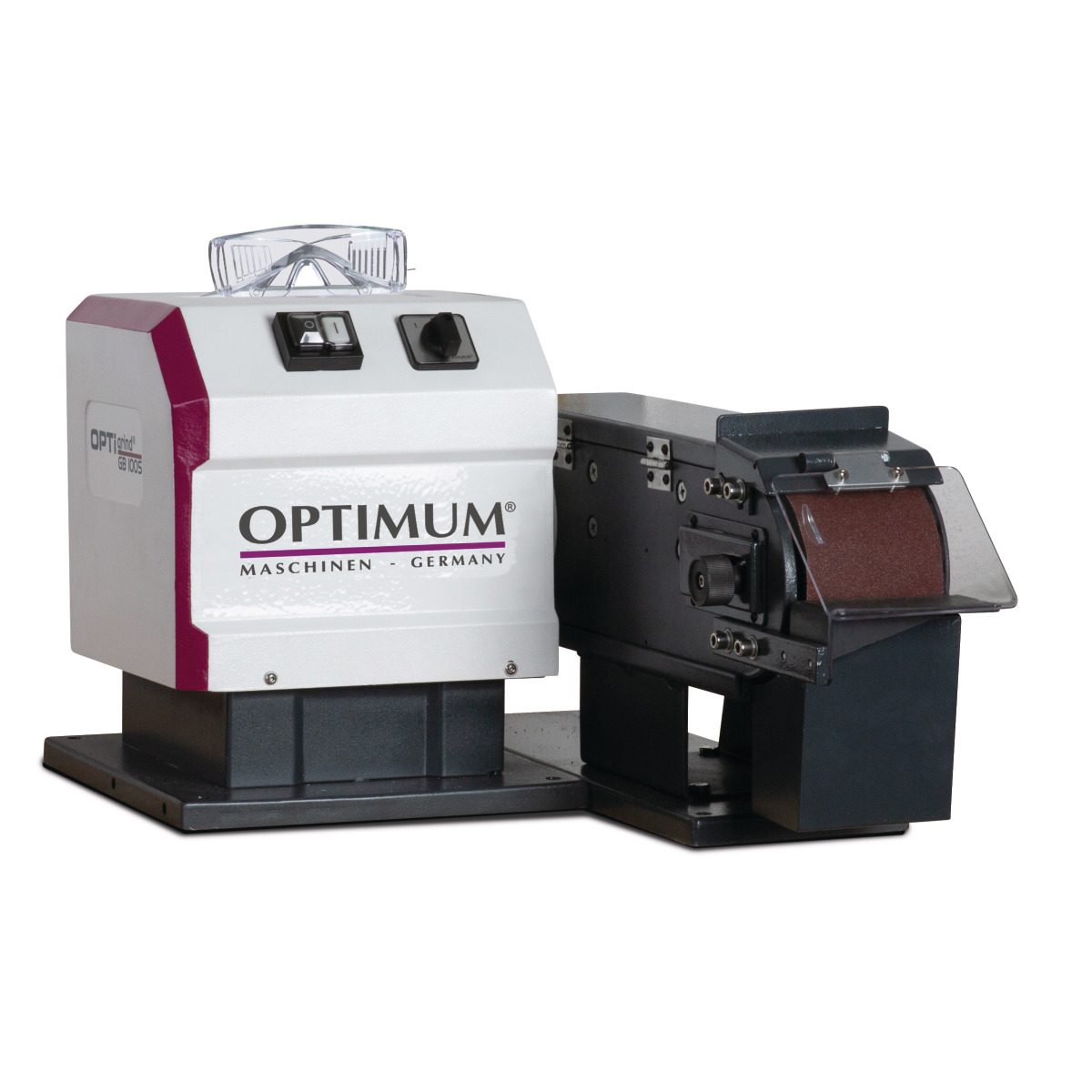 Bandschleifmaschine Optimum Optigrind GB 100 S mit Schutzhaube und Schleifband.