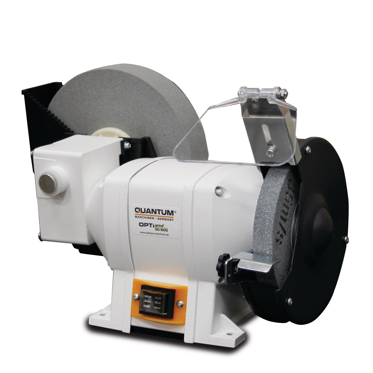 Doppelschleifmaschine Quantum OGQ 150 Q mit zwei Schleifscheiben und Funkenfangscheibe.