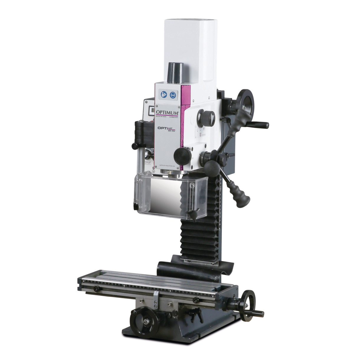 Fräsmaschine mit weißem Gehäuse, Handrädern, Schutzabdeckung und schwarzem Kreuztisch.