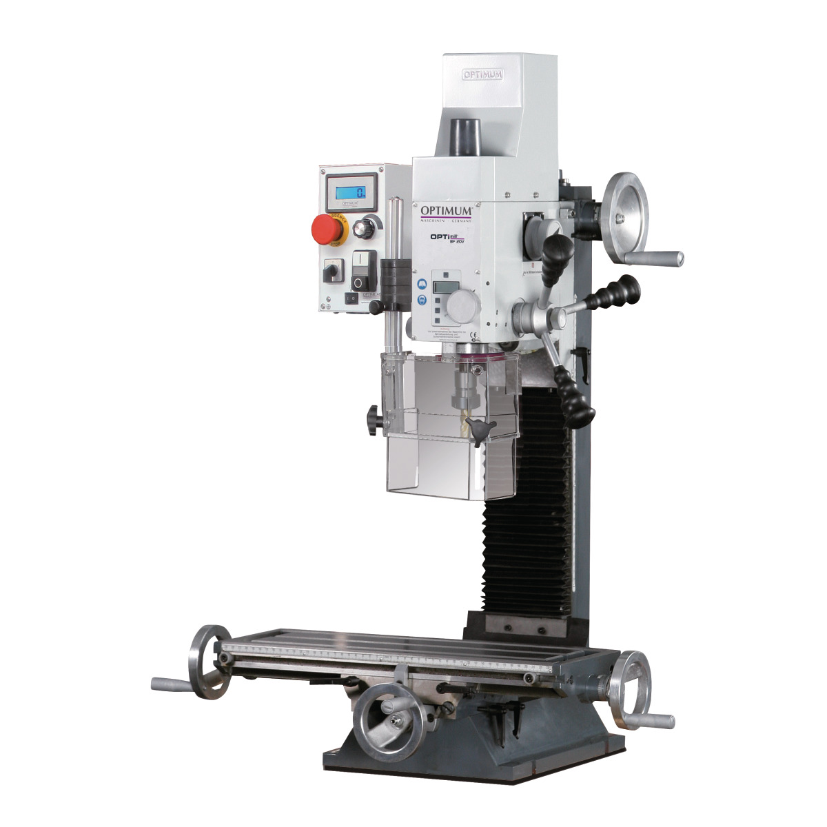 Fräsmaschine Optimum mit Schutzabdeckung, Kurbelgriffen und Arbeitstisch.