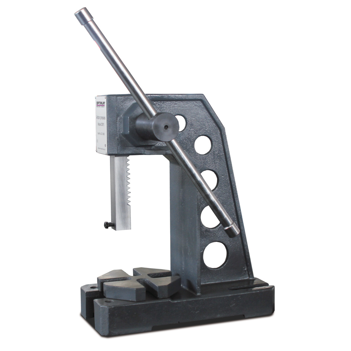 Mechanische Handhebelpresse mit Zahnstange, massivem Gestell und großem Bedienhebel.