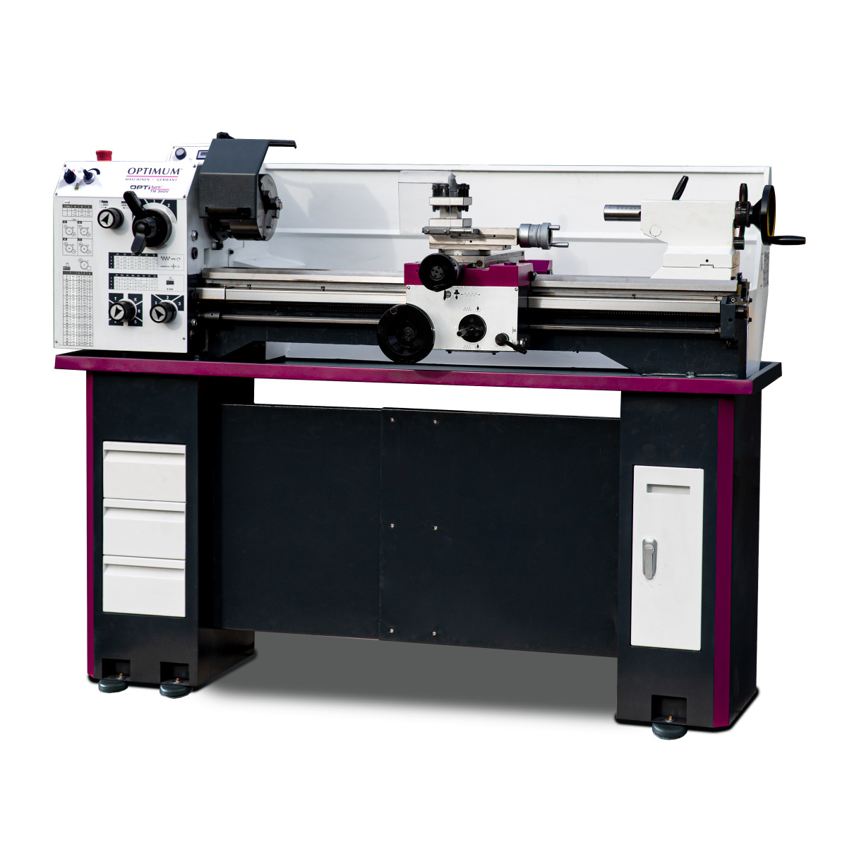 Drehmaschine auf einem Arbeitstisch mit Stauraum, Spannfutter, Werkzeugschlitten und Reitstock.